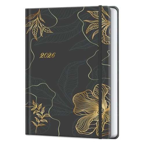 Kalender 2026 Buchkalender A5, 12 Monate Terminkalender mit Wochenplaner von Januar bis Dezember 2026 - Hardcover Taschenkalender Terminplaner - Schwarz-Gold