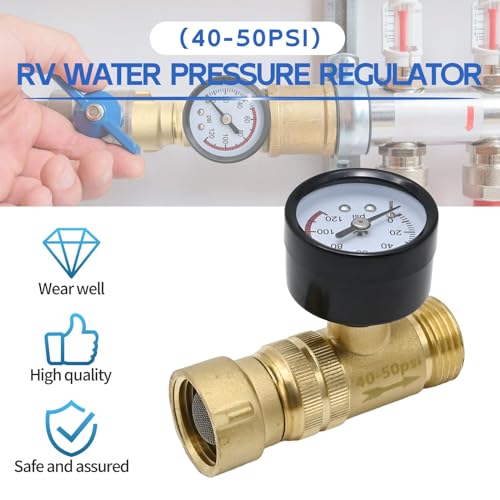 image for DUZFOREI Brass RV Water Pressure Regulator 40-50PSI with Gauge and Fil