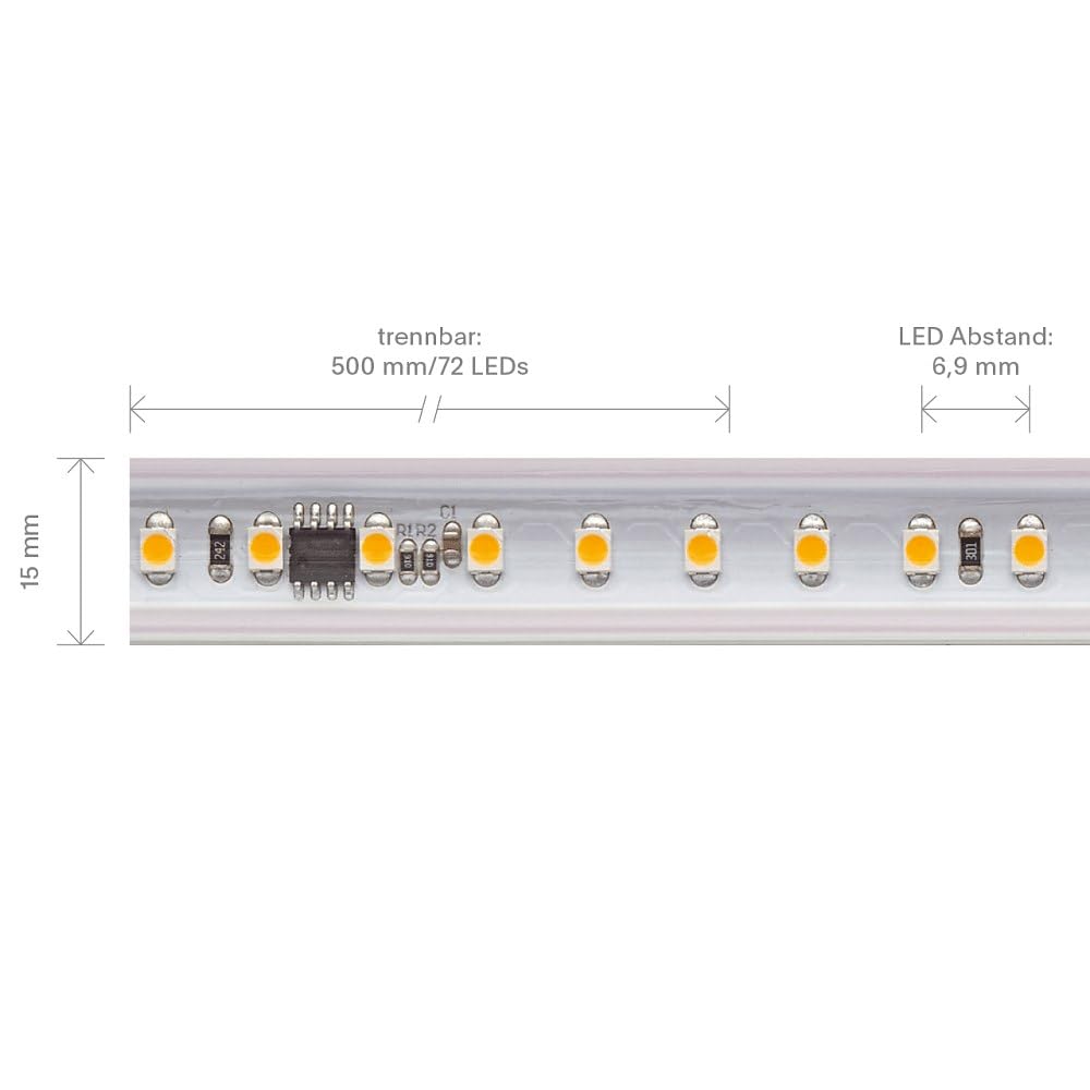 Tira LED de alto voltaje, 8 W/m, 2700 K, 10 m, 120 LED/m, IP65, 230 V, 560 lm/m, Ra90