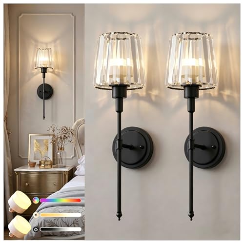 Image of DORESshop Battery Operated Wall Sconce Set of 2, Wireless Wall Light, 15 Color Rechargeable Wall Sconces, Sconce Wall Decor Set of 2 for Bedroom, Living Room, Black and Crystal, 24.6in