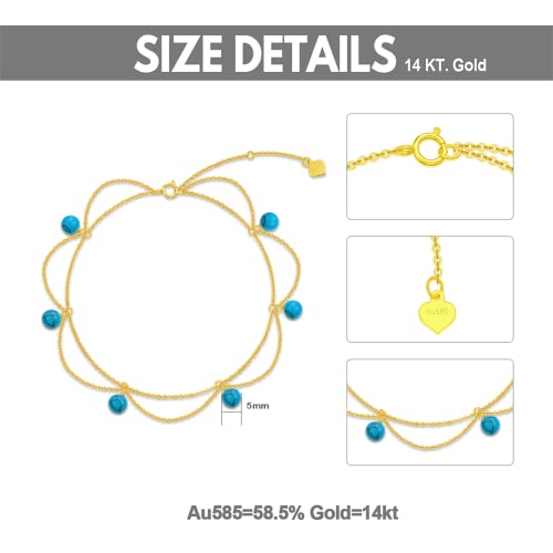 14K Gold Turquoise Anklet For Women, Real Yellow Layered Gold Beaded Anklet Fine Jewelry Gift For Wife Girlfriend Mom Her 8+2 Inch (Turquoise Anklet) #TOP2