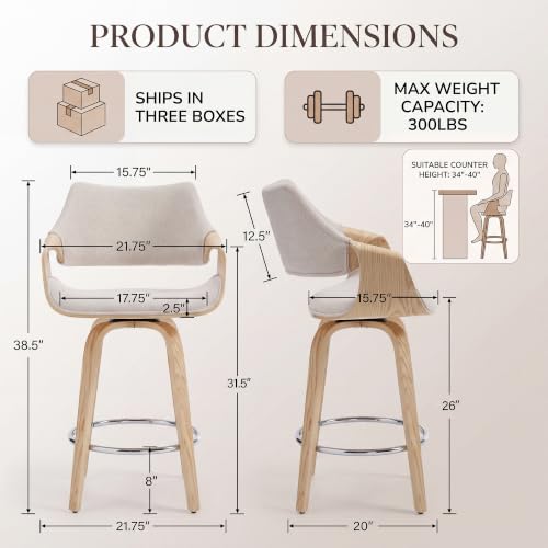 Image of HNY 26 inch Swivel Bar Stools Set of 5, Beige Chenille Counter Height Barstools