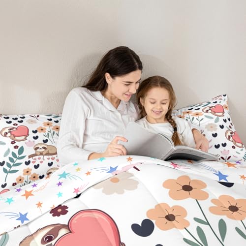 Image of Feelyou Sloth Comforter Set Queen Size, Sloth and Flowers Bedding Set for Kids Toddler Botanical Plant Bedding Set Kawaii Animal Duvet Set Durable Quilt Set