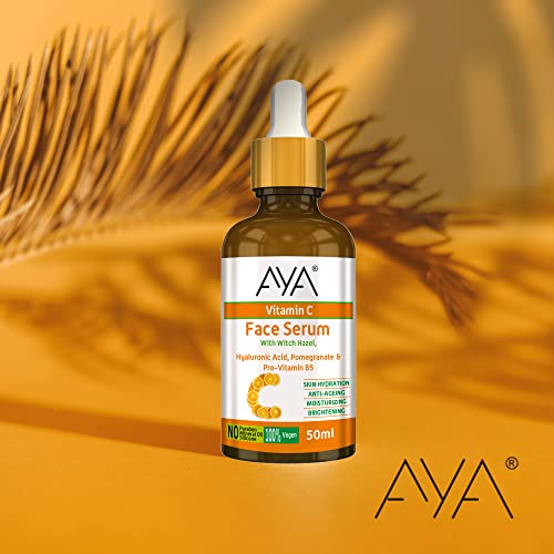 Image of AYA Vitamin C Face Serum for Glowing Skin 50ml | With Hyaluronic Acid, Witch Hazel, Pomegranate & Pro-Vitamin B5 | Brightening, Anti-Ageing, Hydrating & Moisturizing Serum | Vegan, Paraben-Free
