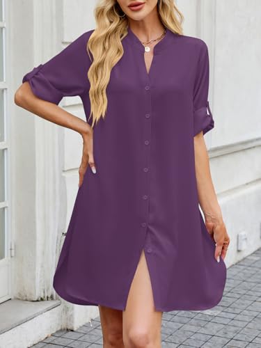 Image of PerZeal Womens Sexy V Neck Button Down Shirt Dresses Summer Short Sleeve Casual Loose Blouses & Button-Down Shifts Cover Ups