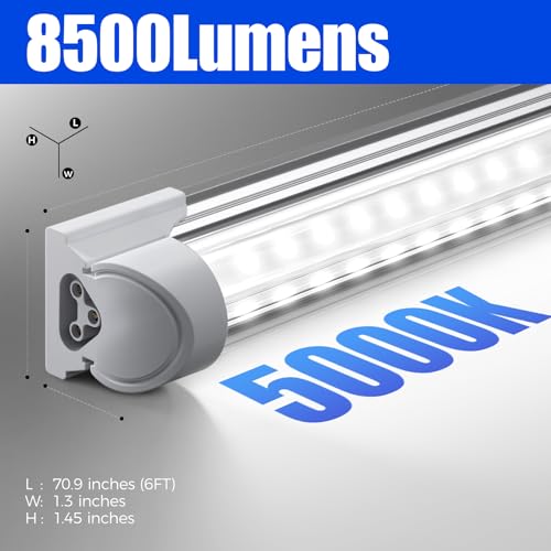 Image of Barrina T8 LED Shop Light, 6FT 60W 8500LM 5000K, Clear Cover Linkable Garage Lights, V-Shape LED Light Fixture, Shop Lights for Garage, Warehouse, Workshop, Basement, ETL Listed, 6 Packs