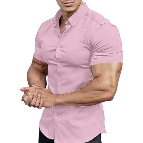 Mens Button Short Sleeve Muscle Shirts Slim Fit Quickly Dry Gym Fitness Top Wrinkle-Free Business Office Dress Shirt