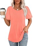 Womens Tops Dressy Casual Short Sleeve Summer T Shirts Pleated Blouses Beach Vacation Clothes Fashion Clothing Coral L