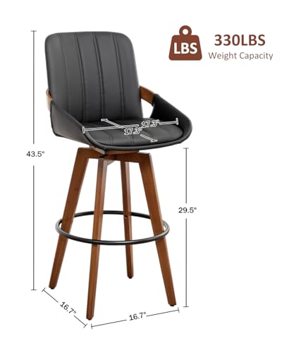 Image of AQG Black Bar Stools 30 Inch Set of 4 Leather Bar Height Stools with Backs, Mid Century Modern Swivel Bar Chairs, Upholstered Barstools Wood Frame for Kitchen Island