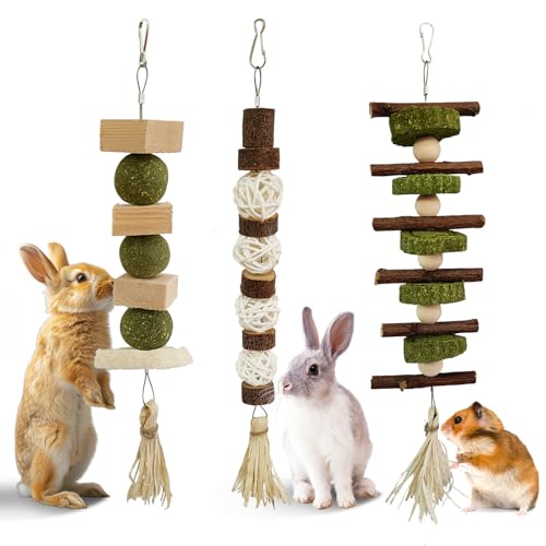 WDEFUN 3 PCS Bunny Chew Toys, Natural Hanging Rabbit Chew Toy Treats for Guinea Pigs Hamsters Gerbils Chinchilla and Other Small Pets for Teeth Grinding