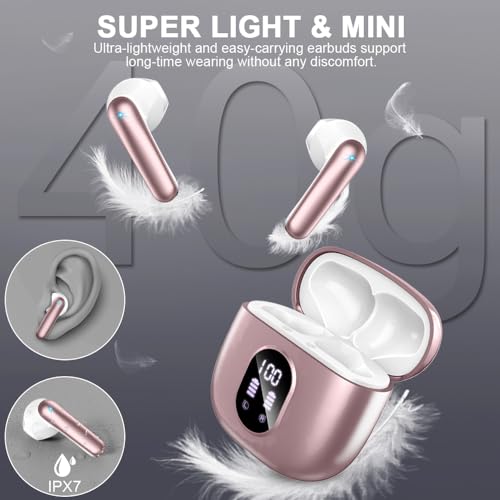 Image of Wireless Earbuds, Bluetooth 5.4 Headphones 50H Playback Bass Stereo Ear Buds with 4 ENC Cancelling Mics, in-Ear Earphones with LED Display, IP7 Waterproof USB-C for Laptop Pad Phones Workout Rose Gold