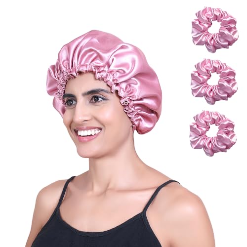 Image of GLUN Hair Bonnet Cap with 3 Satin Scrunchies Pink Colour Combo, Soft Satin Cloth Bonnet Cap Prevents Hair Breakage, Sleep Cap for Frizz Control & Moisture Retention, Ideal for Curly & Natural Hair