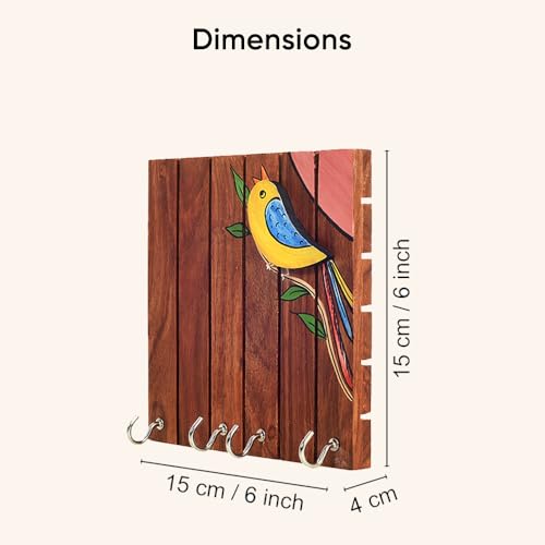 Image of Aakriti Art Creations Key Holder, Robin Hand Painted Wooden Key Holder with Bird Design | Rustic Akasia Wood Wall Organizer with 5 Hooks | Storage Shelf For Keys, Hats | Multifunctional Entryway Decor