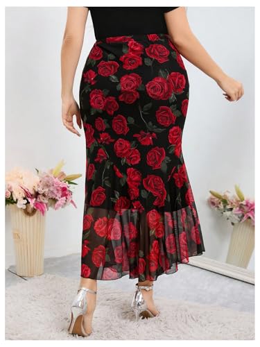 WDIRARA Women's Plus Size Floral Ruffle Hem Bodycon Midi Skirt Elastic Waist Fishtail Skirts3