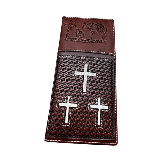 Men’s Long Leather Wallet – Basketweave with Cowhide Inlay, Triple Crosses & Embossed Cowboy Praying at Cross – Western Christian Bifold Checkbook Wallet