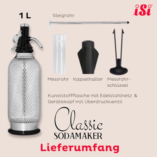 Foto von iSi 1060 Sodamaker Classic, 1,0 L, Wassersprudler für Sprudelwasser, Sprudler mit PEN-Flasche aus Edelstahlgewebe, Kohlensäure für Wasser, Sodabereiter, Barzubehör im Vintage-Look 106001 Edelstahl