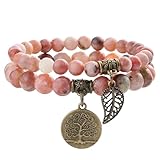 Farfume Bracelet En Pierre Naturelle - Bracelet Perles Naturelles Femme-Ensemble De Deux Bracelets Avec Accessoires Arbre De Vie Et Feuille(Moyen 18,5 cm)