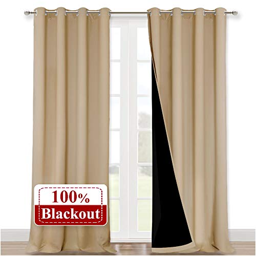 Image of NICETOWN Thermal Insulated 100% Blackout Curtains, Biscotti Beige, 1 Pair, 52 inches x 102 inches, Sound Proof Drapes with Black Backing, Full Light Blocking Panels for Patio Sliding Door