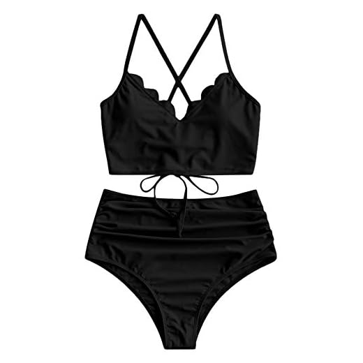 ZAFUL Women's Leaf Print Lace Up Ruched High Waisted Tankini Set Swimsuit (P-Black, XL)
