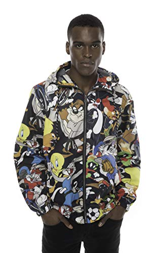 Members Only Looney Tunes Print Jackets for Men Casual, Windbreaker Men, Full Zip Pullover Hooded Jacket (Black, S)