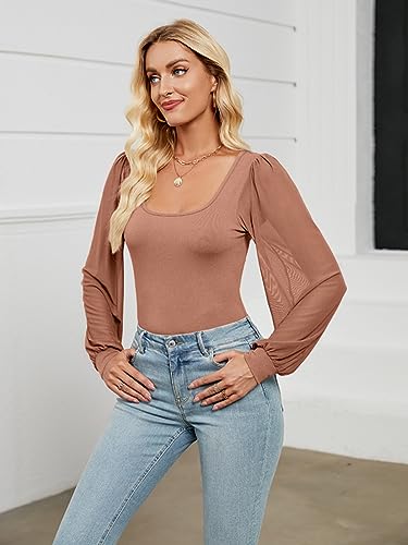 oten Women's Mesh Loose Lantern Long Sleeve Body suits Square Neck Sheer Bodysuits Leotards Shirts Orange Medium