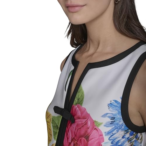 Image of Karl Lagerfeld Women's Sleeveless Split Neck Contrast Trim A-line Mini Dress with Bow Detail