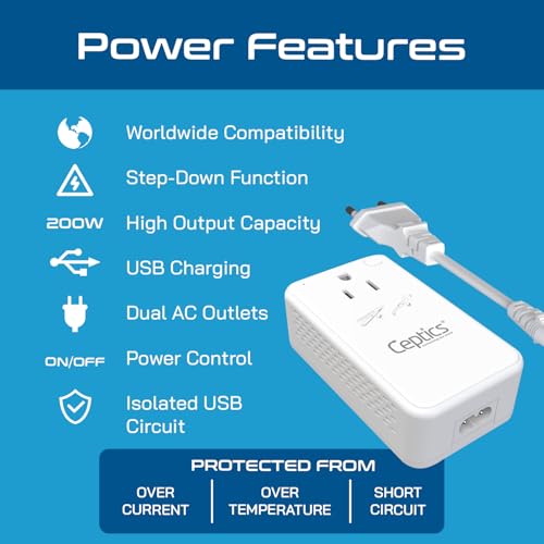 Image of Ceptics 200W Step Down Voltage Converter - 220v to 110v Voltage Converter for Curling Iron, Straightener, Charger - USB-A & C Fast Charging - Type C Power Cord with A, G, I, E /F Plugs Included