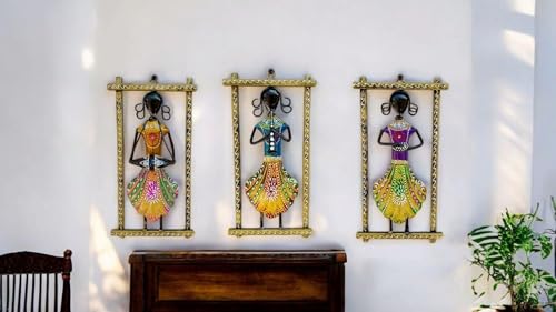 Image of SHREE 'O' GREEN TECH - Multicolor Metal Iron Musician Wall Hanging Showpiece Frame Handcrafted Rajasthani Lady Figurine Decorative Wall Mount Art for Home, Living Room Office Decor