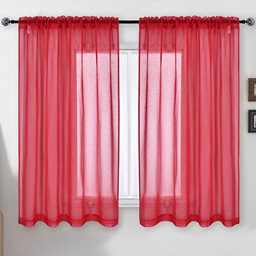 DUALIFE Red Sheer Curtains 54 Inch Length for Small Windows,Faux Linen Semi Sheer Curtains for Basement Nursery Kitchen Bathroom Privacy Voile Curtains,Red,52 x 54 Inches,Set of 2 Panels
