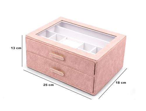 Image of BucketList Premium PU Leather Jewellery Organizer Box with Glass Lid | 2 Pull-Out Drawers Multi-Compartment Storage for Rings, Earrings, Necklaces & Bracelets (2-Layer Jewelry Box (Pink))