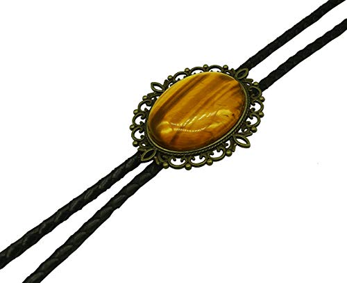 Image of Moranse Bolo Tie with Natural Tiger Eye Stone Celtic Style Genuine and Cowhide Rope
