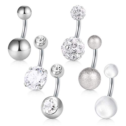 Funseedrr 6pcs Anneaux de Nombril Barres définies 8mm Anneaux de Nombril en Acier Inoxydable avec Crystal Piercing Cover