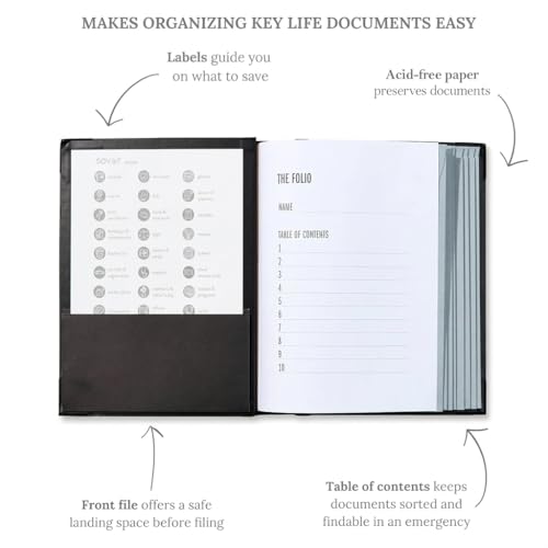 Image of The Folio Important Document Organizer by Savor | Binder with Guided Labels, Acid-Free File Folder Organizer with 10 Pockets, Document Holder for Home Records, Legal and Medical Papers (Black)