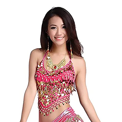Image of VRITRAZ Women's Chiffon Belly Dance Sequin Chiffon Top, Harem Pants and Hip Scarf Ringy Fancy Pants (Pink)