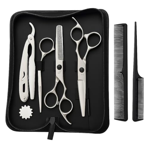 Kit 3 Tesouras Profissional, 6.0, Fio Navalha, Fio Laser, Desfiadeira + Navalhete + Pentes e Estojo, Barbeiro, Cabelereiro, Corte de Cabelo, Aço Inox, Original (Cromado)