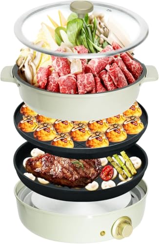 SOLEMOOD ホットプレート 焼肉 たこ焼き 3枚のプレート付き 多用途 しゃぶしゃぶ グリル鍋 深鍋 焼肉プレート すぐに温まる プレート取り外し可能 着脱式 1台多役 A4サイズ 1200W おしゃれ かわいい コンパクト 温度調節 洗いやすい 1人 2人 3人(G301-ホワイト-プレート3枚(平面・たこ焼き・鍋))の商品画像（Amazon）