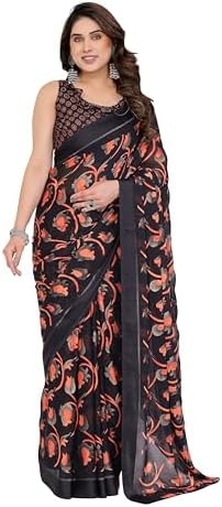 MOHIT CREATIONS Women's Party Wear Georgette Printed Border Ready To Wear Saree With Unstiched Blouse Piece