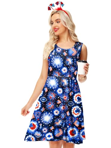 Image of Deerose 4th of July Dress for Women Sleeveless American Flag Patriotic Elastic High Waist Sundress