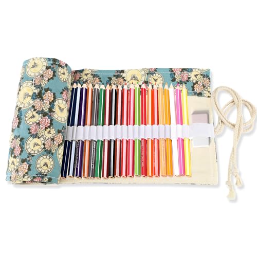 Image of Yitexin 72 Slots Canvas Pencil Roll Wrap, Handmade Roll-Up Pencil Case Pouch Fabric, Large Capacity Pencil Case Holder Organizer for Artists Painting, Sketchers(Flower & Clock)