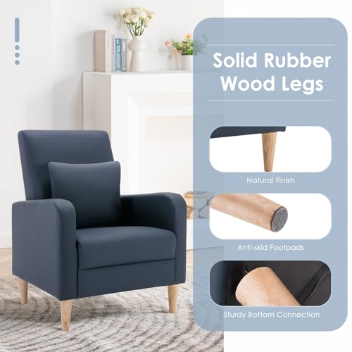 Image of COLAMY Modern Upholstered Accent Chair Armchair with Pillow, PU Leather Reading Living Room Side Chair,Single Sofa with Wood Legs, L-Blue
