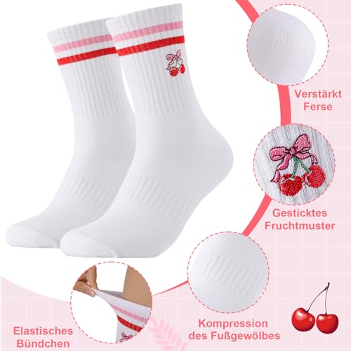 Utensilsto 6 Paar Weiß Tennissocken Socken Damen & Herren mit Streifen Crew Socks mit Motiv, EU 39-42 Sportsocken mit Fruchtmuster, Sport-Socken Atmungsaktive Arbeitssocken