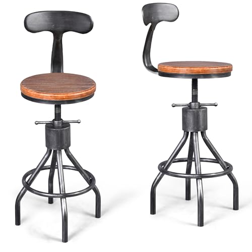 LOKKHAN Set of 2 Rustic Industrial Bar Stool-24-30 Adjustable Metal Swivel Wooden Top Barstools-Counter Height Extra Tall Bar Height-Vintage Farmhouse Kitchen Breakfast Cafe Stool-with Backrest by LOKKHAN - Used condition - US$163.67
