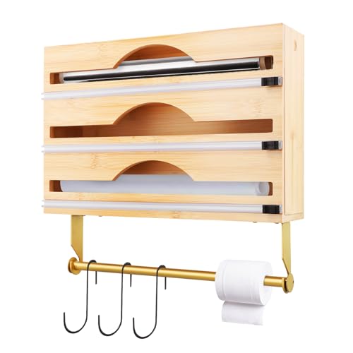 Bamboo 5-in-1 Cling Film & Tin Foil Dispenser with Kitchen Roll Holder & Hooks - 33cm Organiser Storage Cutter