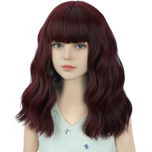 Image of Deep Red Wig Short Red Wavy Curly Wigs Wig with Air Bangs Synthetic Cosplay Hair Wigs