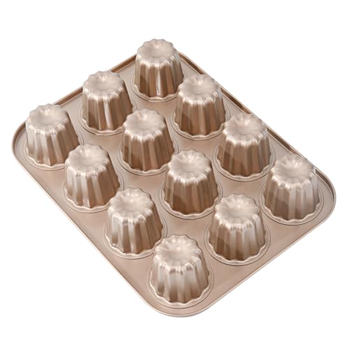 LIFVCNT 12-Cavity Canele Mold Non-Stick Carbon Steel Baking Cake Pan Dishwasher Safe Gold