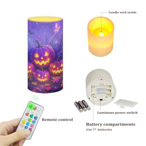 Image of Poceacles Halloween Flameless Light Candles Battery Operated Candles with Color Changing Timer Remote Control Tealights for Halloween Party Decor, Violet Pumpkin Butterfly Bat Print