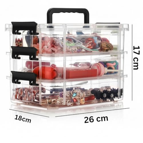 Image of plastic boxes for Storage transparent boxes for storage, Portable & Stackable Space Saving Organiser with Lid for Medicine, Jewelry, Arts & Crafts, Buttons, Beads (Black, 3 TIER)