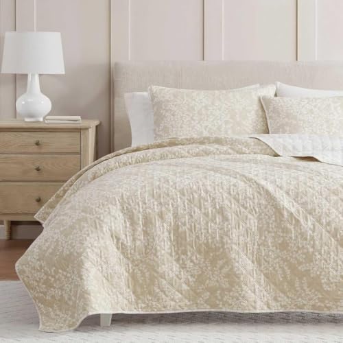 Image of Martha Stewart - King Quilt Set, 100% Cotton Reversible Bedding Set, Incredibly Soft Feel for Year Round Comfort, 3 Piece Bed Set with Matching Pillowcases (Layered Branches Beige)