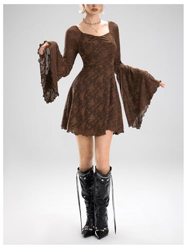 Image of WDIRARA Women's Floral Jacquard Gothic Bell Long Sleeve Dress | Mesh , A Line, Vintage