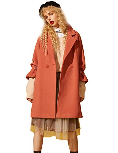 Elf Sack Winter Women Wool Blends Coat, Elegant Turn-Down Collar Outwear Flare Sleeve Fashion Long Coats, Orange XL